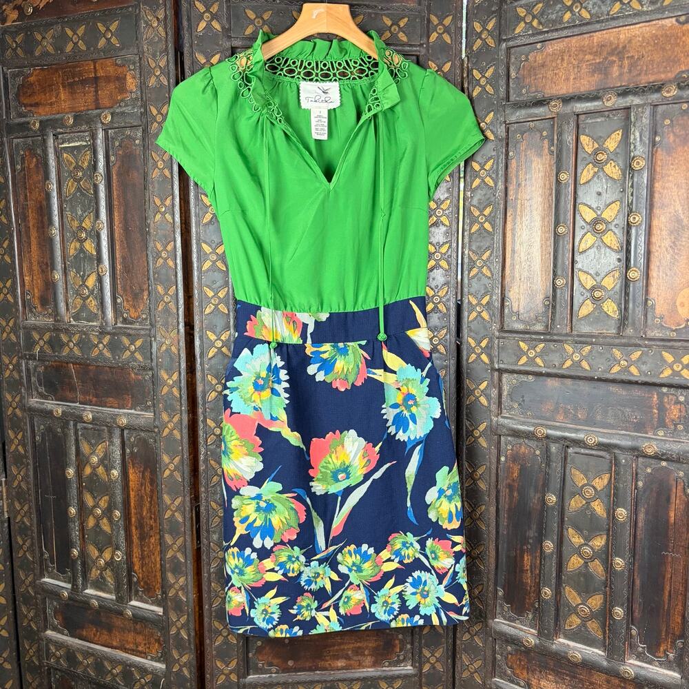 Anthropologie Tabitha Elland Mixed Media Dress Green Lace Floral Size 2